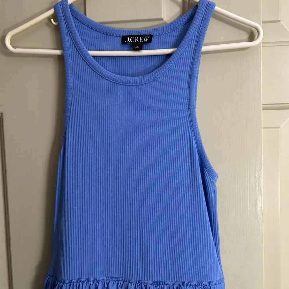 J Crew Vintage Rib High-Neck Cutaway Tank Dress with Poplin Skirt Blue Sz S